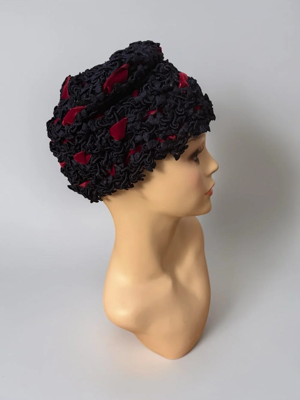 Vintage RARE Cloche Hat Black Knit & Red Velvet Ribbon Accents Peeking Through